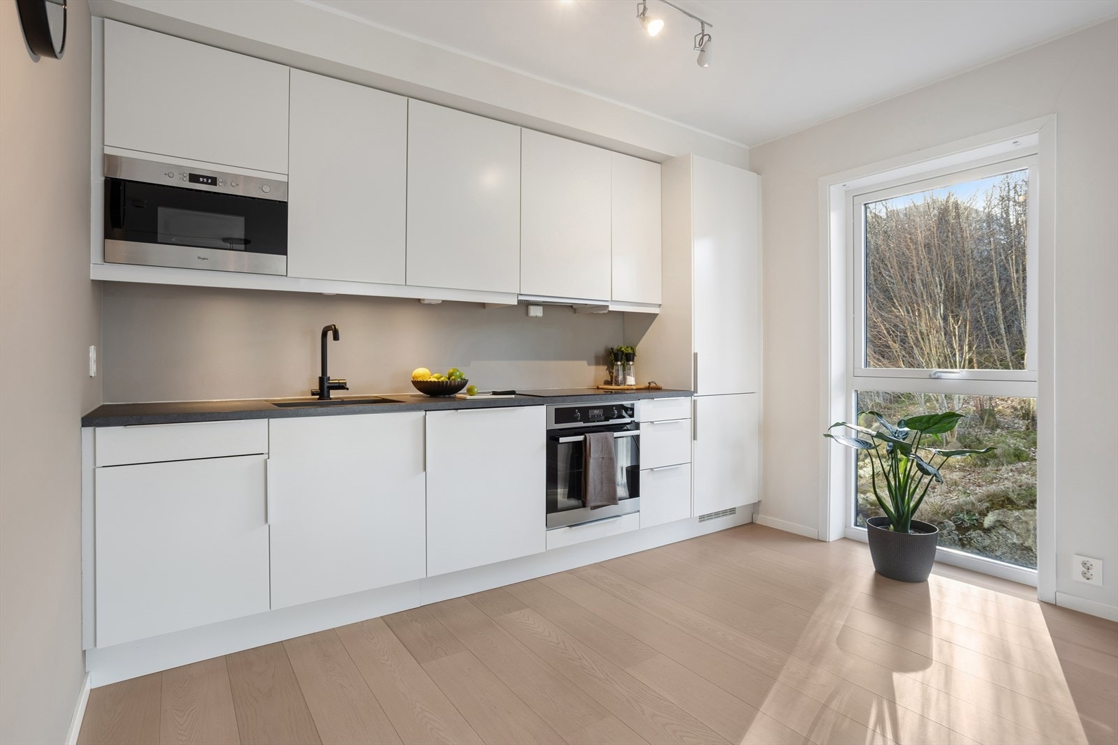 Godt lysinnslipp fra store vinduer på tvers av rommet. Galleribilde