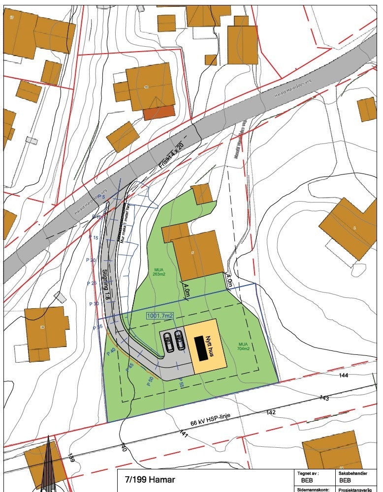 Tomtekart med eksempel på plassering ny bolig og innkjøring Galleribilde