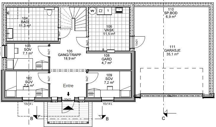 Plantegning sokkel etasje på eksempel bolig Galleribilde