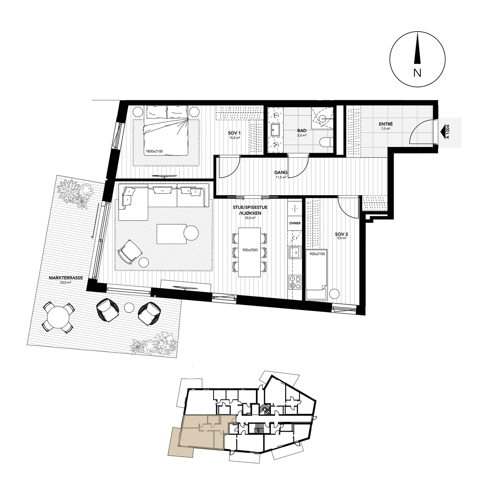 Flott 3- roms hjørneleilighet med 23 kvm sydvestvendt markterrasse. Galleribilde
