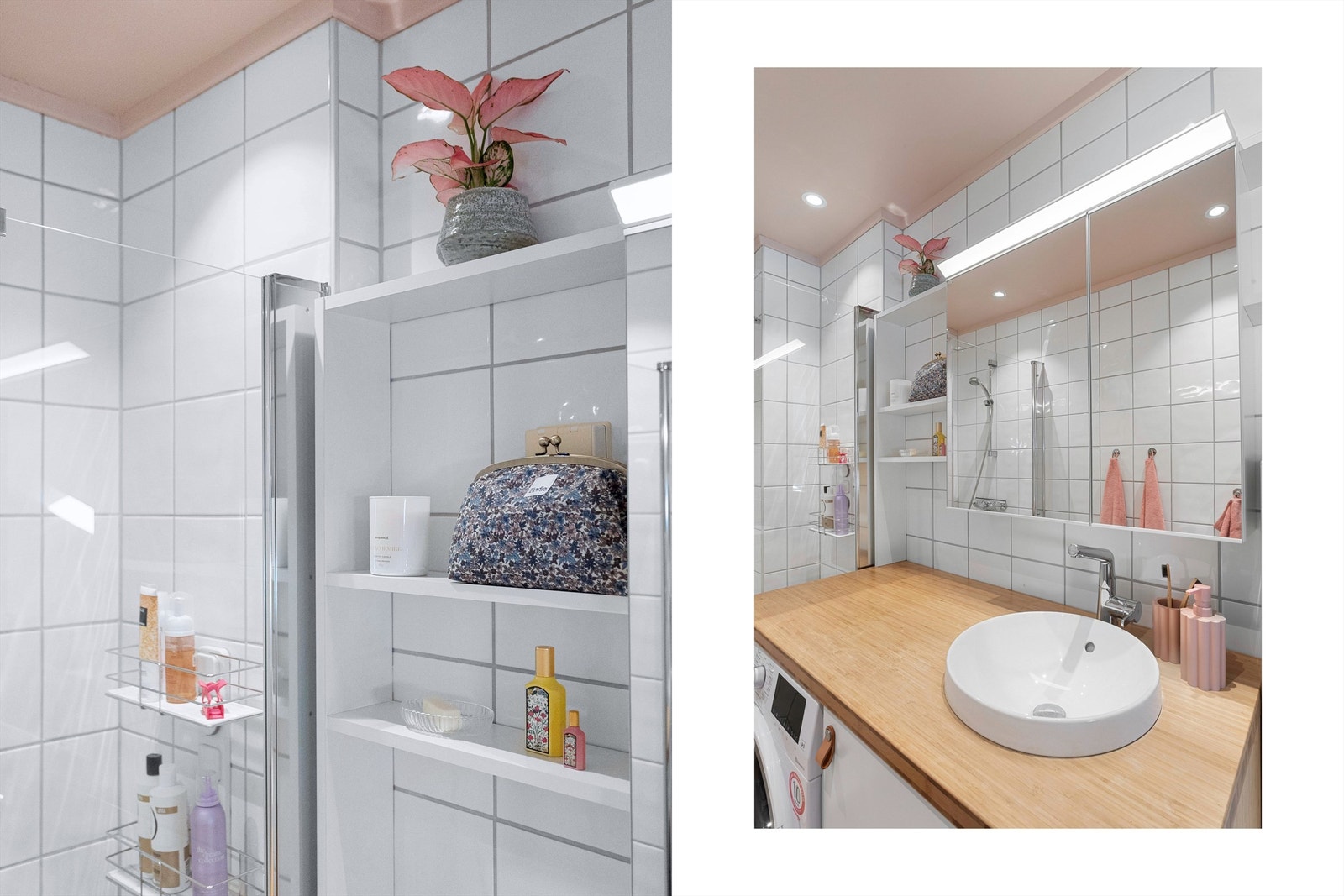 Eier har selv laget hyller på badet, og det elektriske anlegget, inkludert spotter og termostat for bad, er oppgradert av Boligelektrikeren Galleribilde