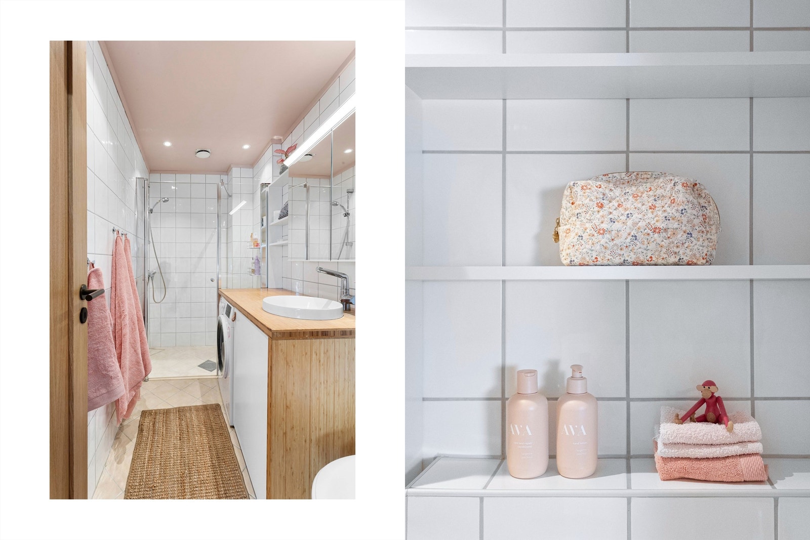 Innredningen inkluderer vegghengt klosett, servant nedfelt i innredning, speilskap med lys, og en romslig dusj med glassdør Galleribilde