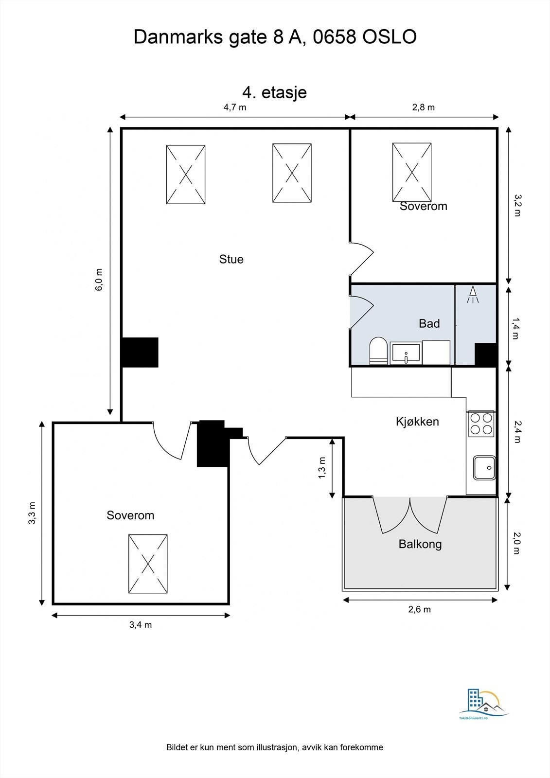 Leiligheten har en arealeffektiv planløsning på 49 m² som omfatter stue, kjøkken, bad og to soverom. Galleribilde