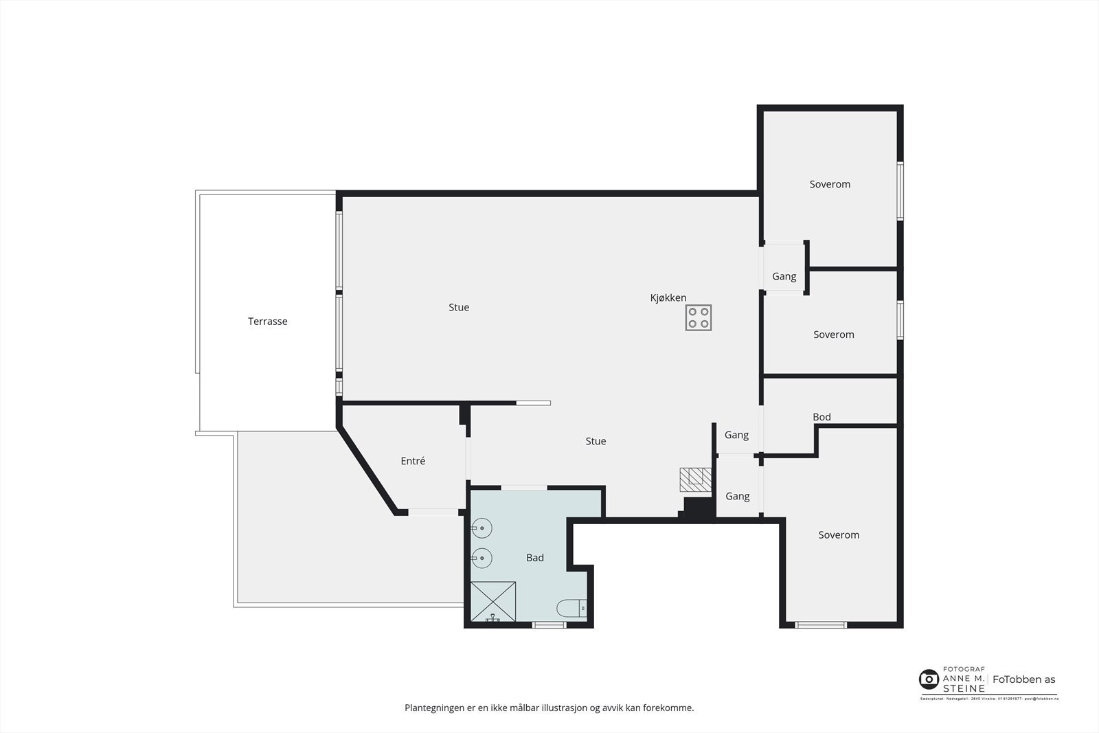 Leiligheten har en arealeffektiv planløsning på 111 m² med tre soverom og åpen stue-kjøkkenløsning. Galleribilde