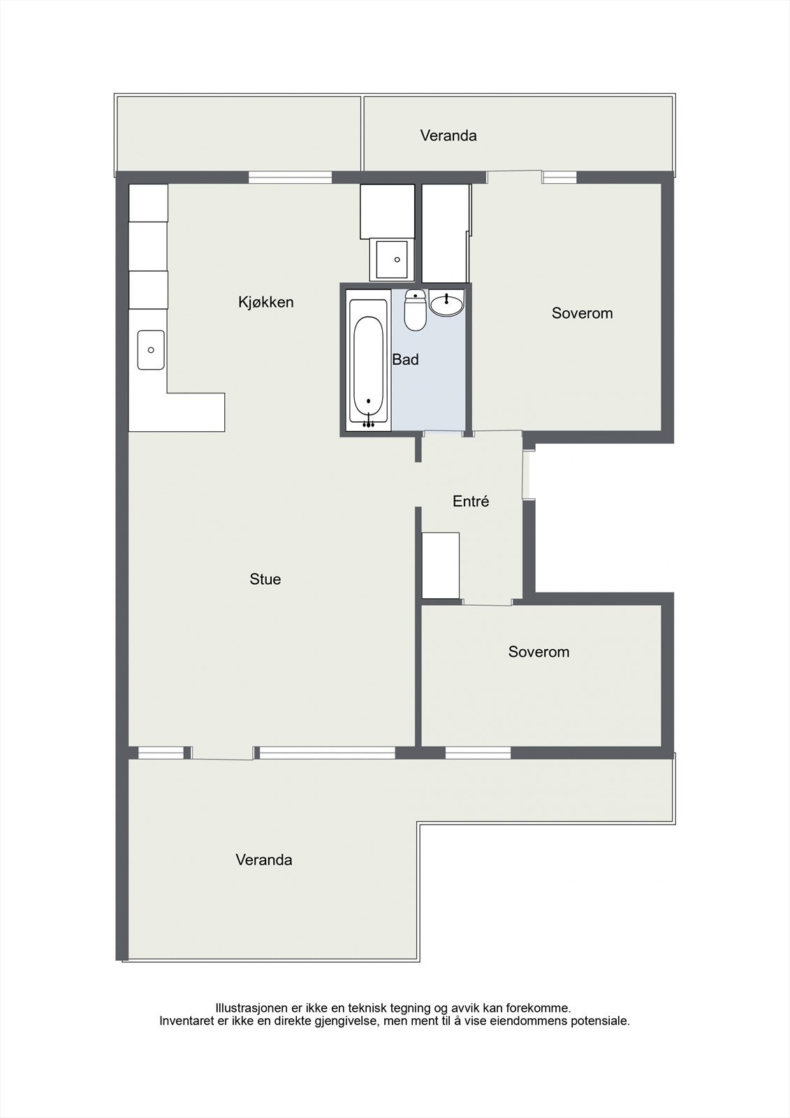 Leiligheten på 55 m² har en effektiv planløsning med to soverom, adskilt bad og to uteplasser. Galleribilde