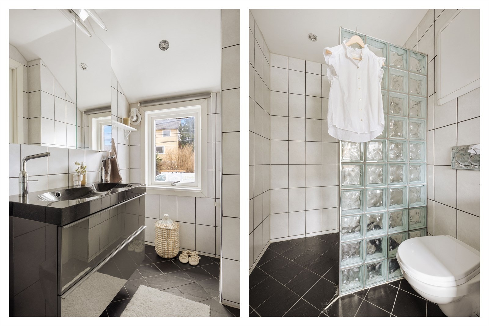 Baderommet er innredet med keramiske fliser på gulv/vegger, vegghengt servant i møbel, toalett og dusjhjørne. Galleribilde