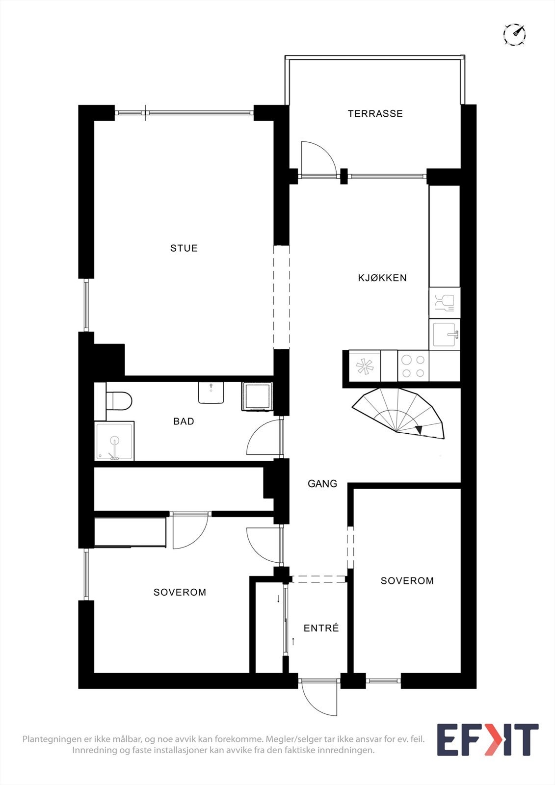 Andre etasje har en praktisk planløsning med stue, kjøkken, bad og to soverom. Galleribilde