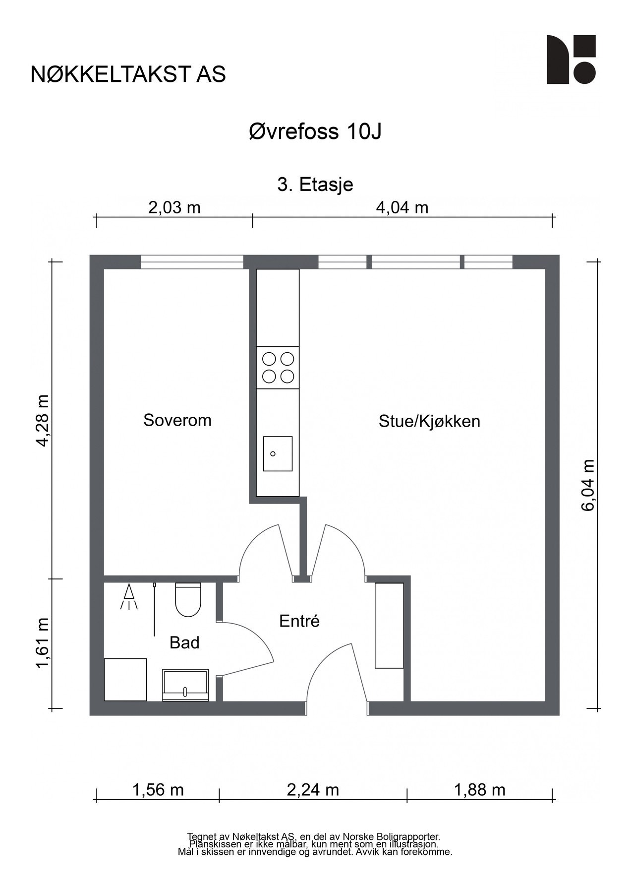 Planskisse 3.etg BRA-i 37 kvm: Entré, stue/kjøkken, soverom og baderom. Leiligheten disponerer to kjellerboder på totalt 2,7 kvm. Galleribilde