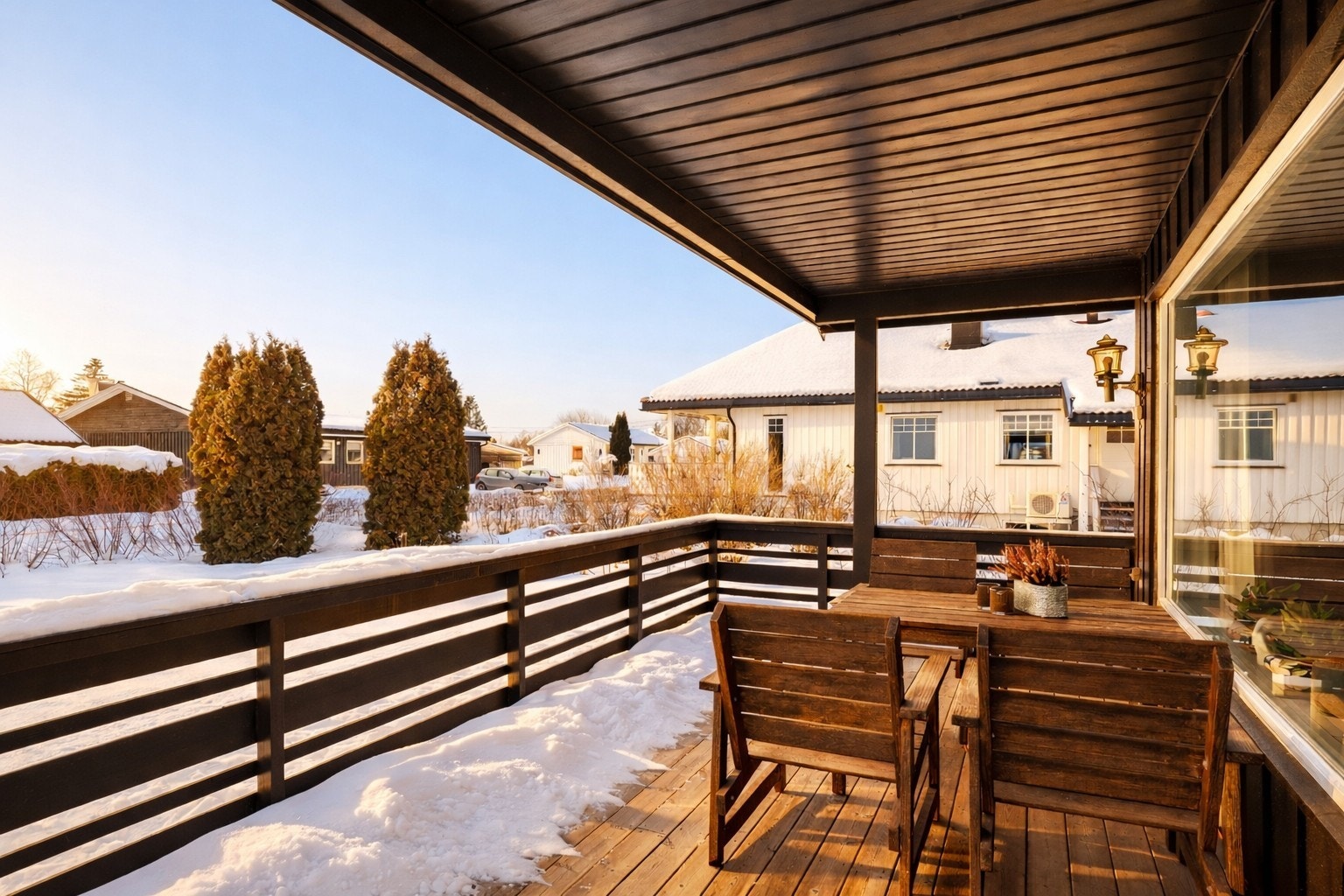 Utenfor stuen venter en lun og innbydende veranda. En naturlig forlengelse av oppholdsrommet. Med takoverbygg sitter du godt skjermet, enten solen steker eller sommerregnet trommer lett mot taket. Galleribilde