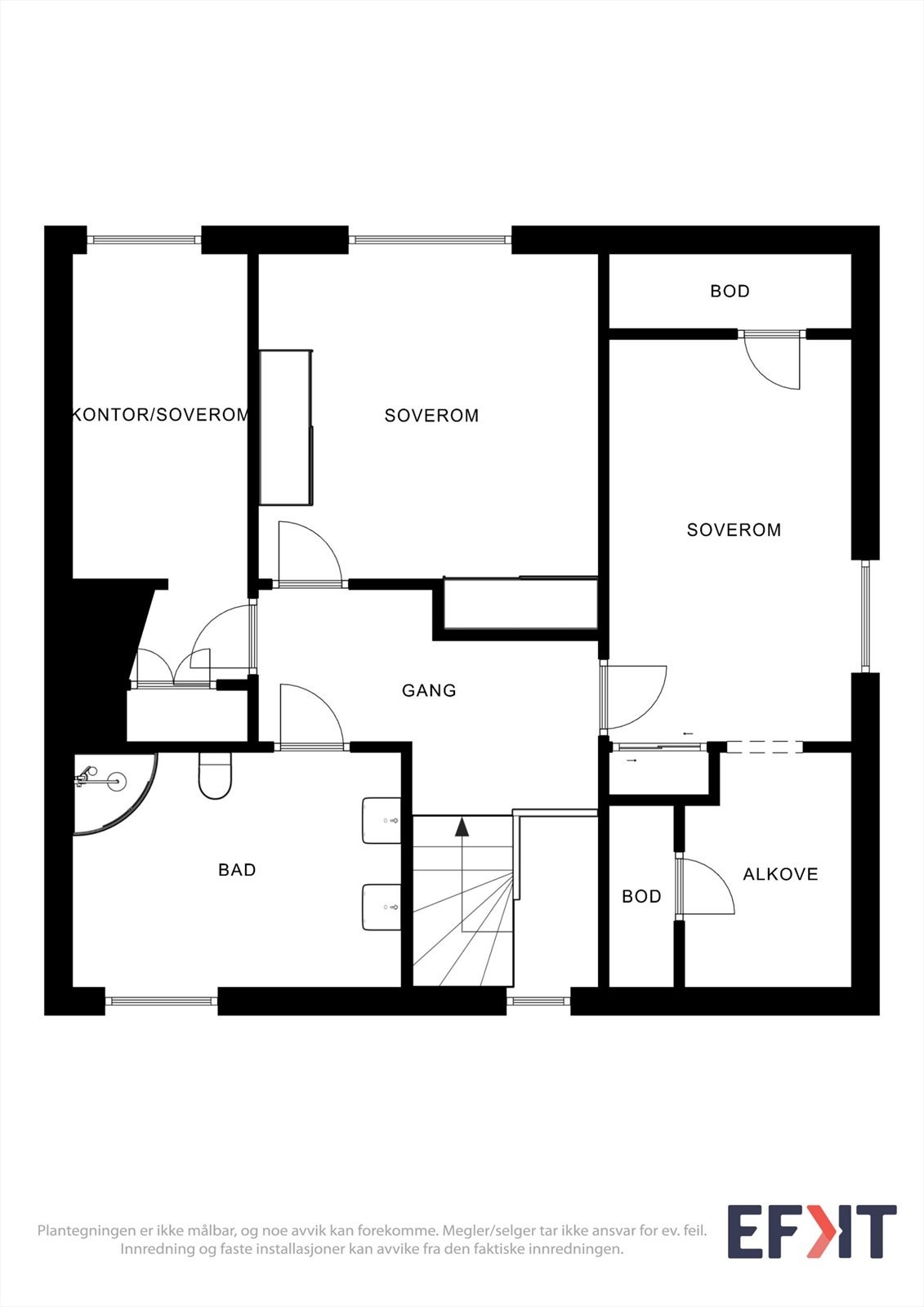 Andre etasje inneholder tre soverom, en praktisk alkove og et romslig bad. Galleribilde