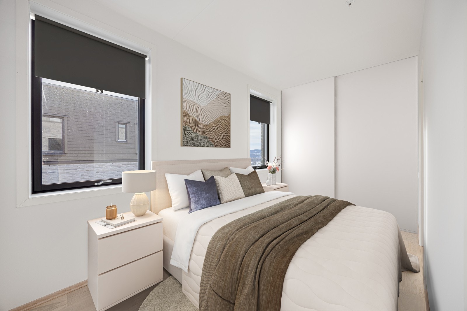 Hovedsoverom har adkomst via to skyvedører. Rommet er digitalt stylet. Galleribilde