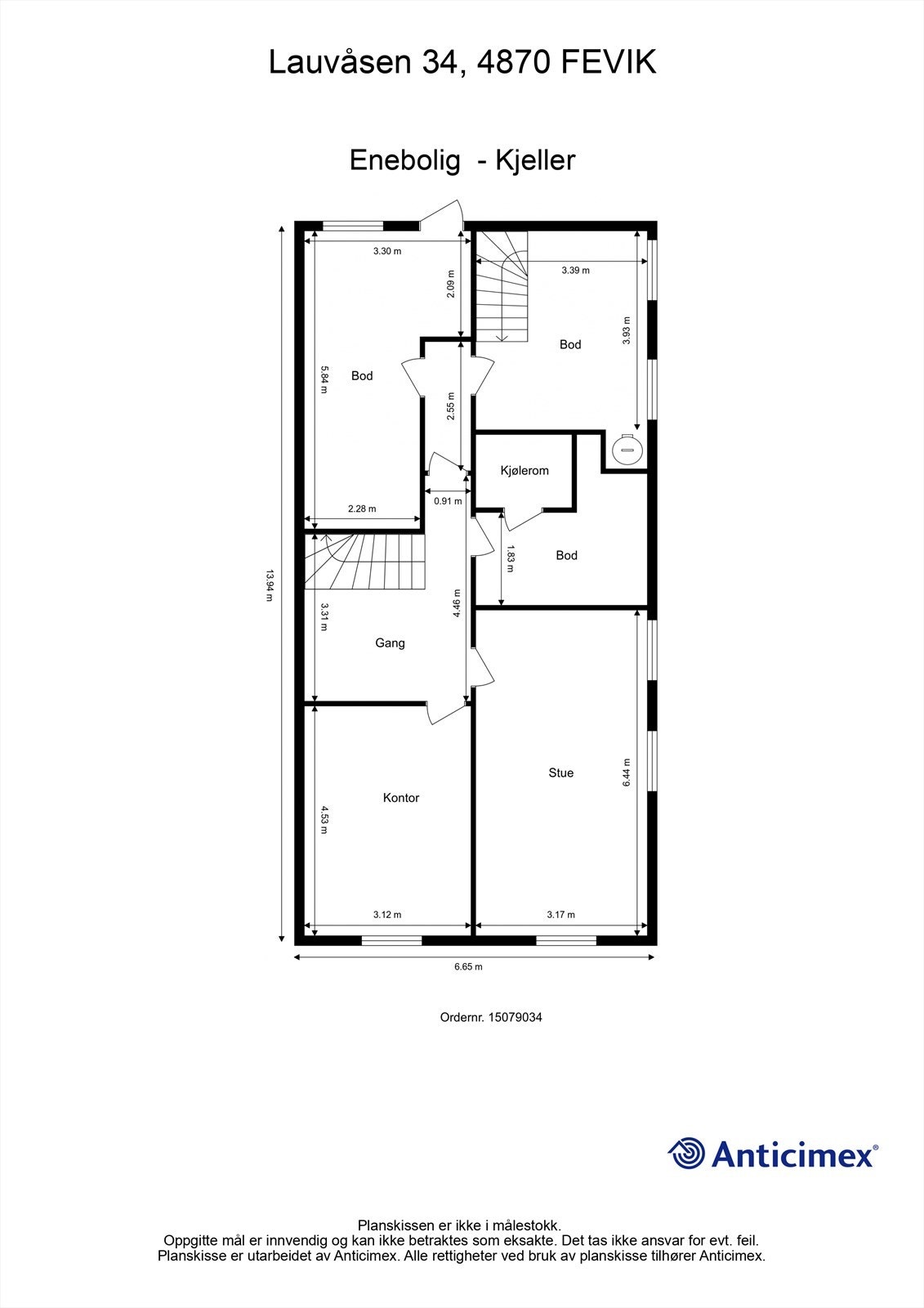 Plantegning kjeller. Kontoret er godkjent som bod og stue er godkjent som hobbyrom i original tegning. Galleribilde