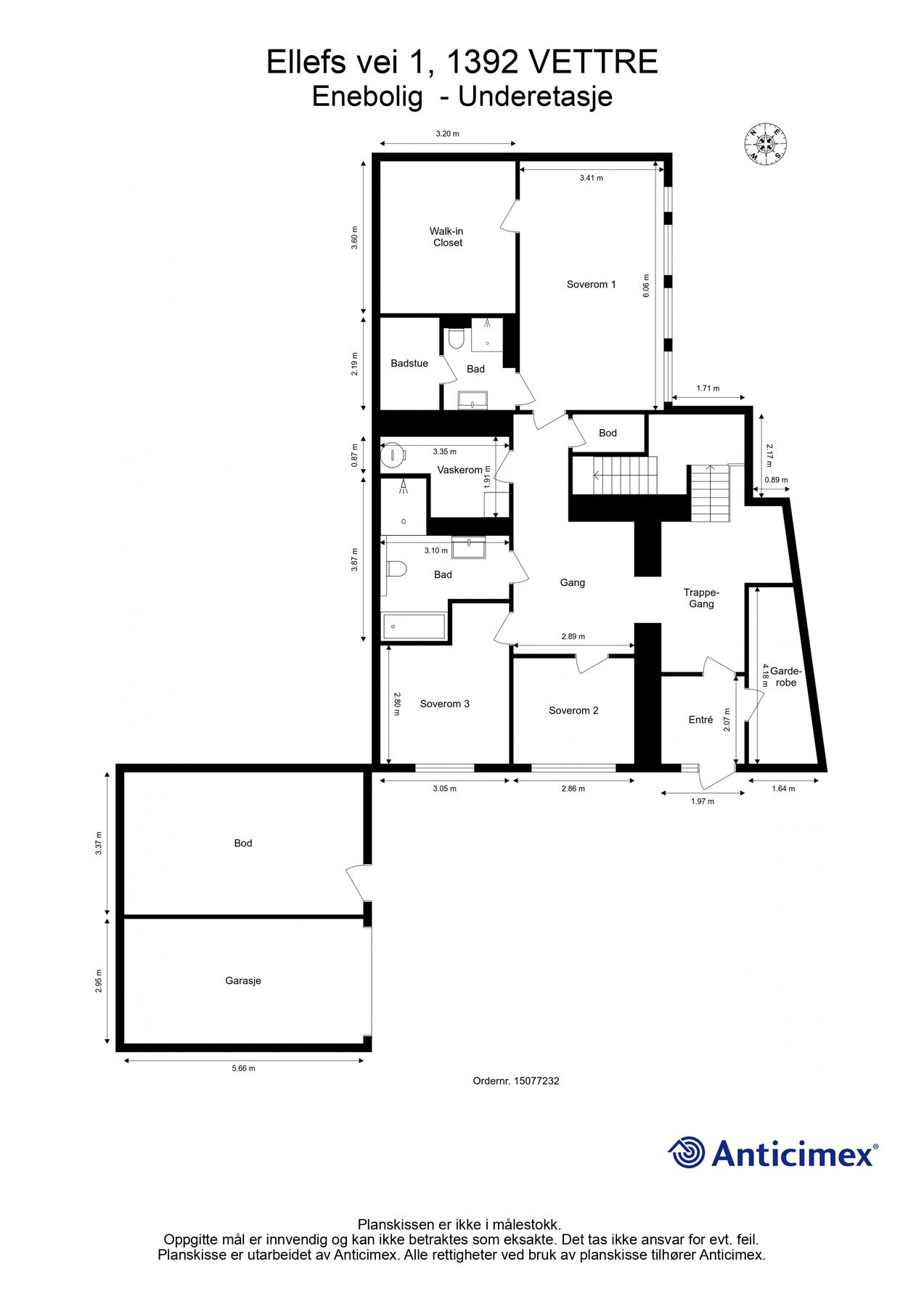 Underetasjen består av entré, garderobe, trappegang, gang, bod, tre soverom, to bad, badstue, vaskerom og walk-in closet. For ordens skyld bemerkes at det kun er ett av soverommene som er byggemeldt som soverom. Galleribilde