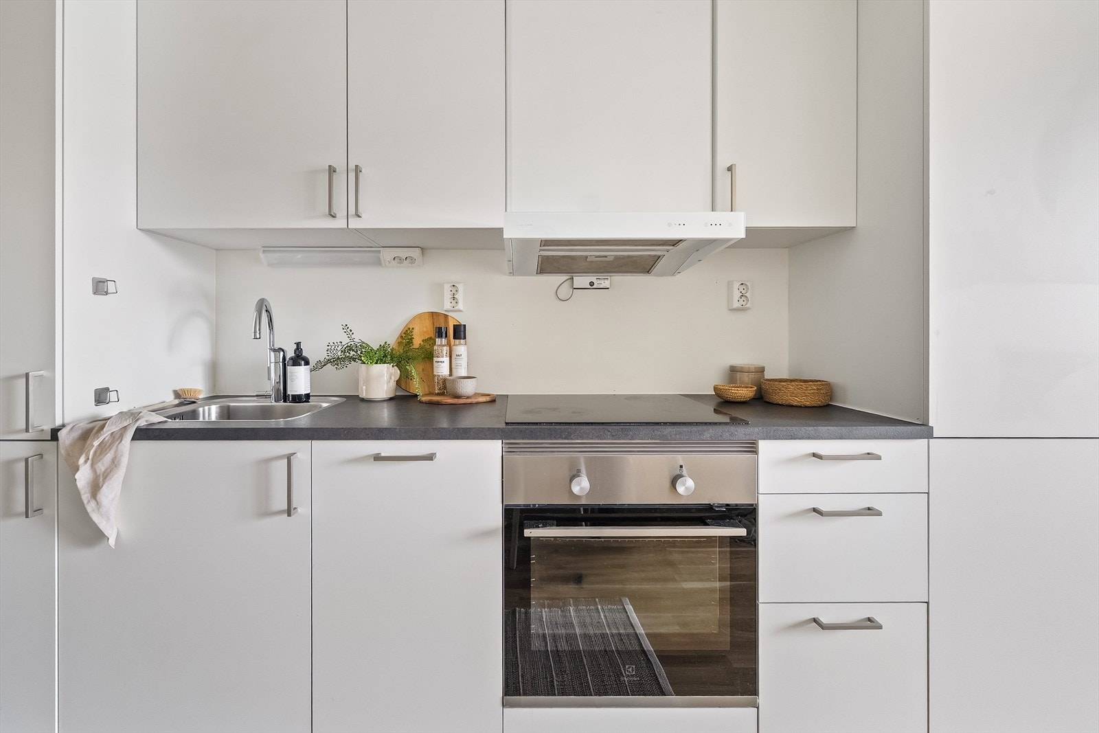 Kjøkkenet er godt utstyrt med oppvaskkum, ventilator, integrert oppvaskmaskin (45 cm), kjøl-/fryseskap, stekeovn og induksjon platetopp. Galleribilde