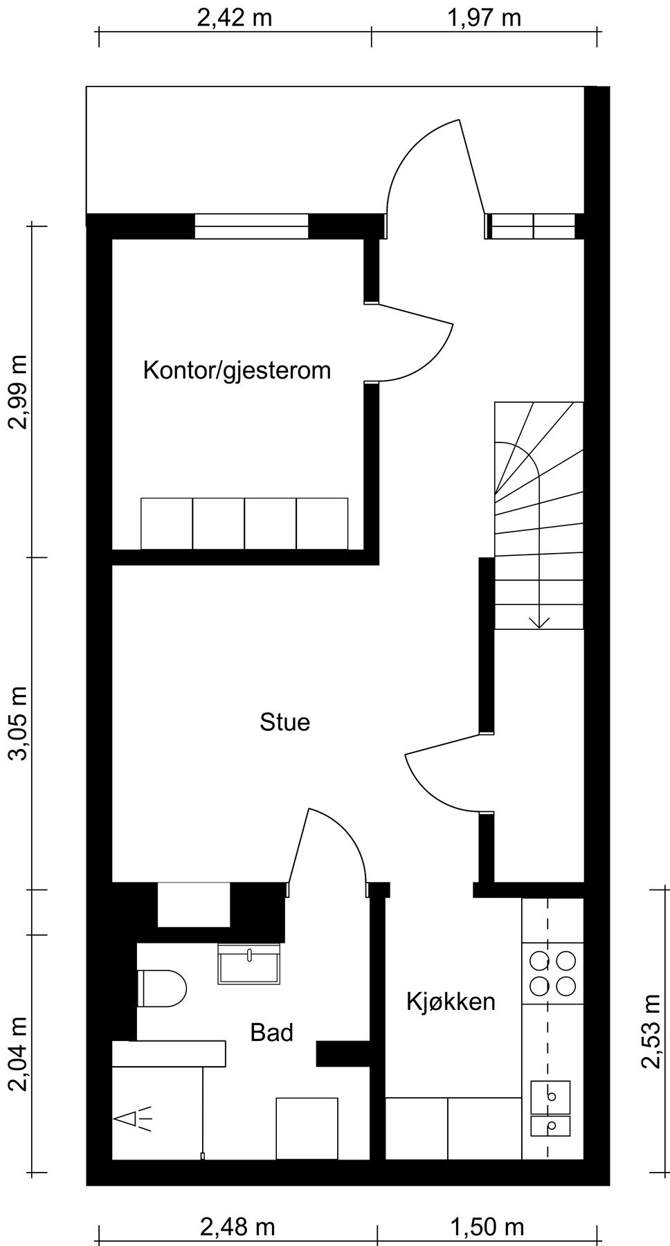 Plantegning kjelleretasje - hybeldel. Hele kjelleretasjen er godkjent som hoveddel - rom til varig opphold, ref. vedtak fra 14.07.2016. Galleribilde