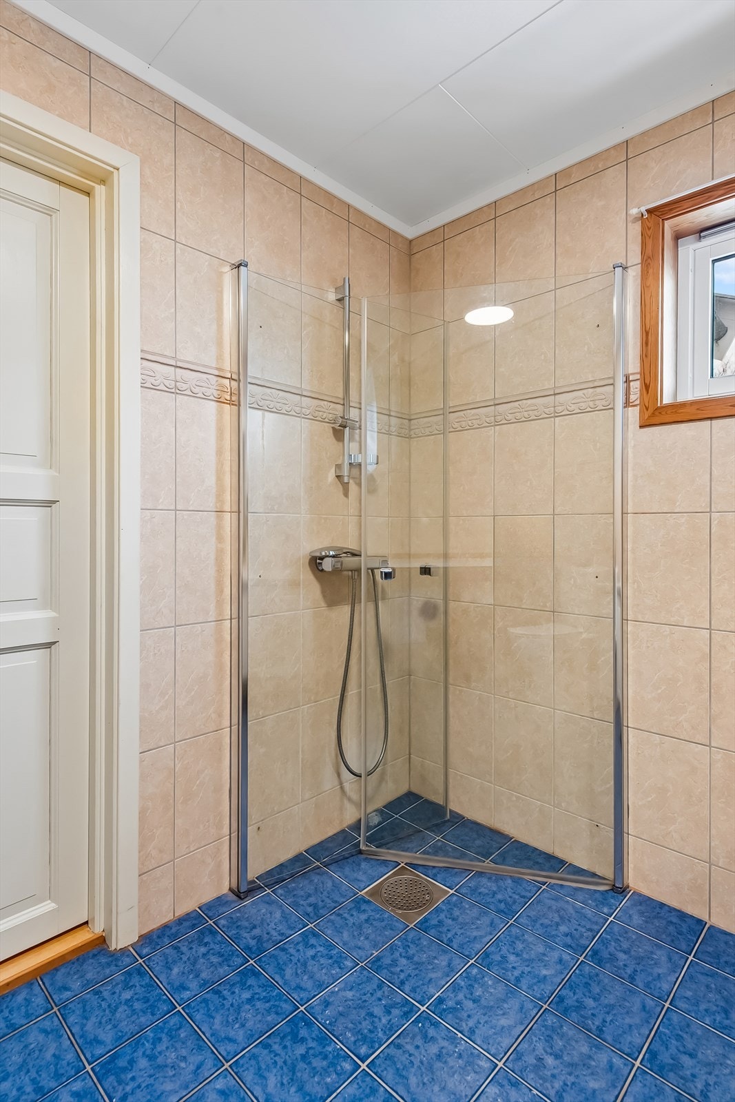 Dusjhjørnet har innfellbare glassdører som frigjør gulvplass. Galleribilde