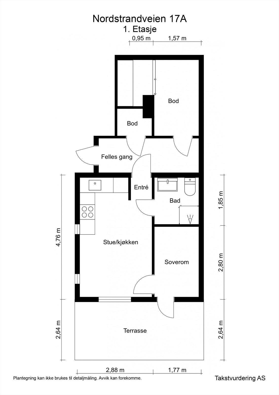 Plantegning. NB, bodene ligger på andre siden av fellesgang. Walk in closet. Galleribilde