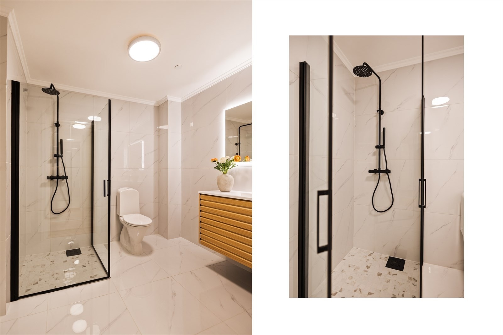 Pent dusjhjørne med glassvegger og sorte detaljer. Galleribilde