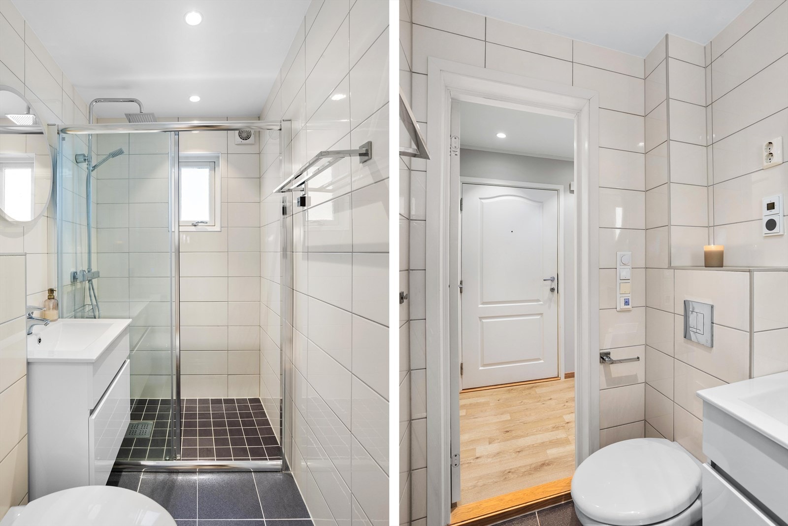 Flislagt bad med vegghengt toalett, dusjsone med glidedører av glass og baderomsmøbler med servant og underskap. Badet har elektrisk gulvvarme. Galleribilde