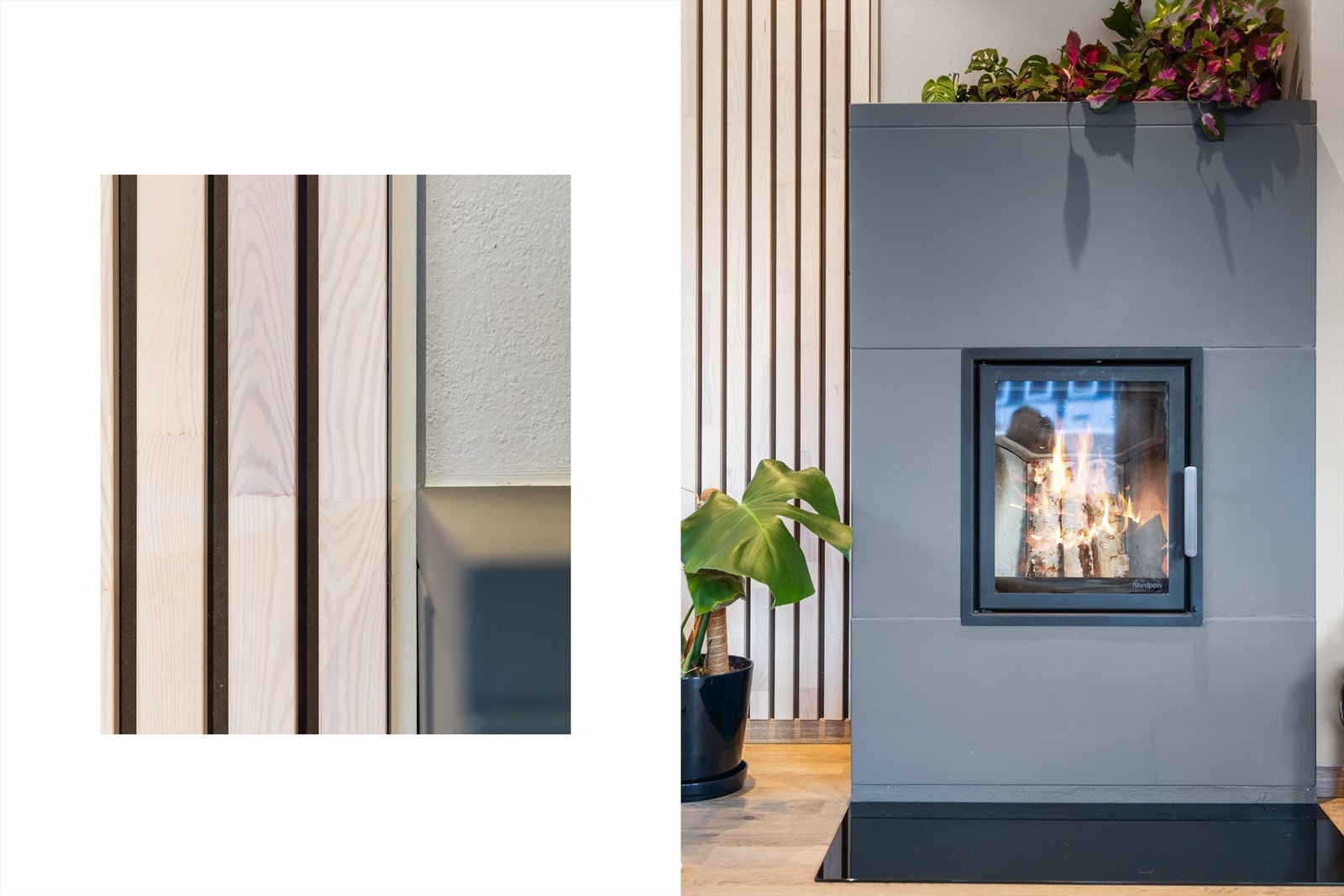 Detaljer med peis i stuen og spiler. Galleribilde