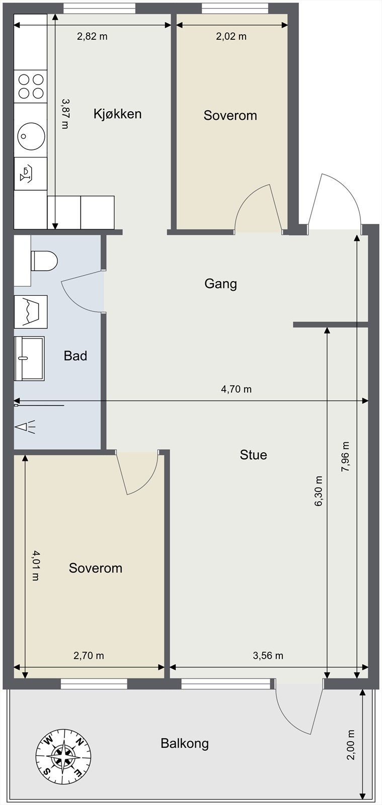 Planløsningen er arealeffektiv med to soverom, separat kjøkken og en romslig stue. Galleribilde