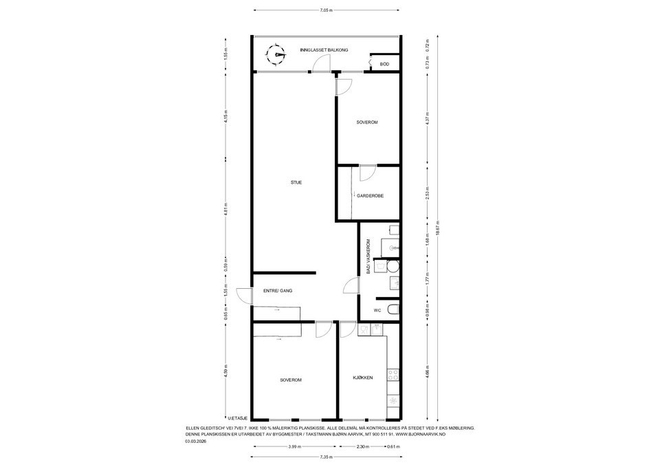 Leiligheten har en praktisk planløsning på 118 m² med to soverom, separat kjøkken og garderoberom. Galleribilde