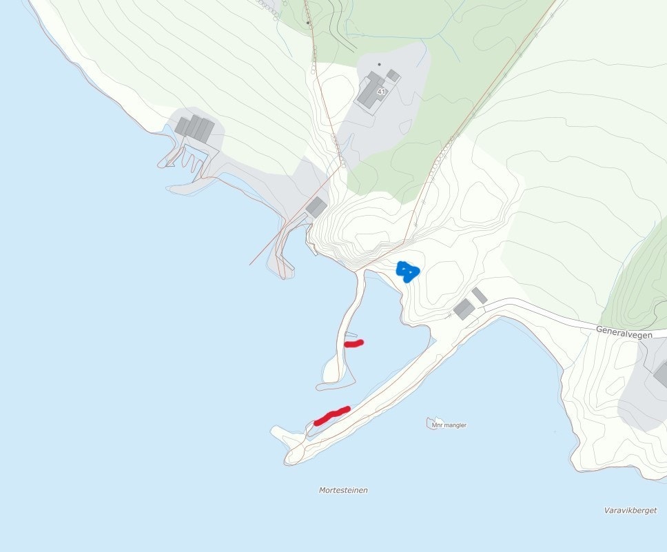 Båtplass er markert med rødt. (markeringene er omtrentlige). Området er ikke regulert til å bygge naust, selv om det er tillatt fra naboeiendom å gjøre det. Galleribilde