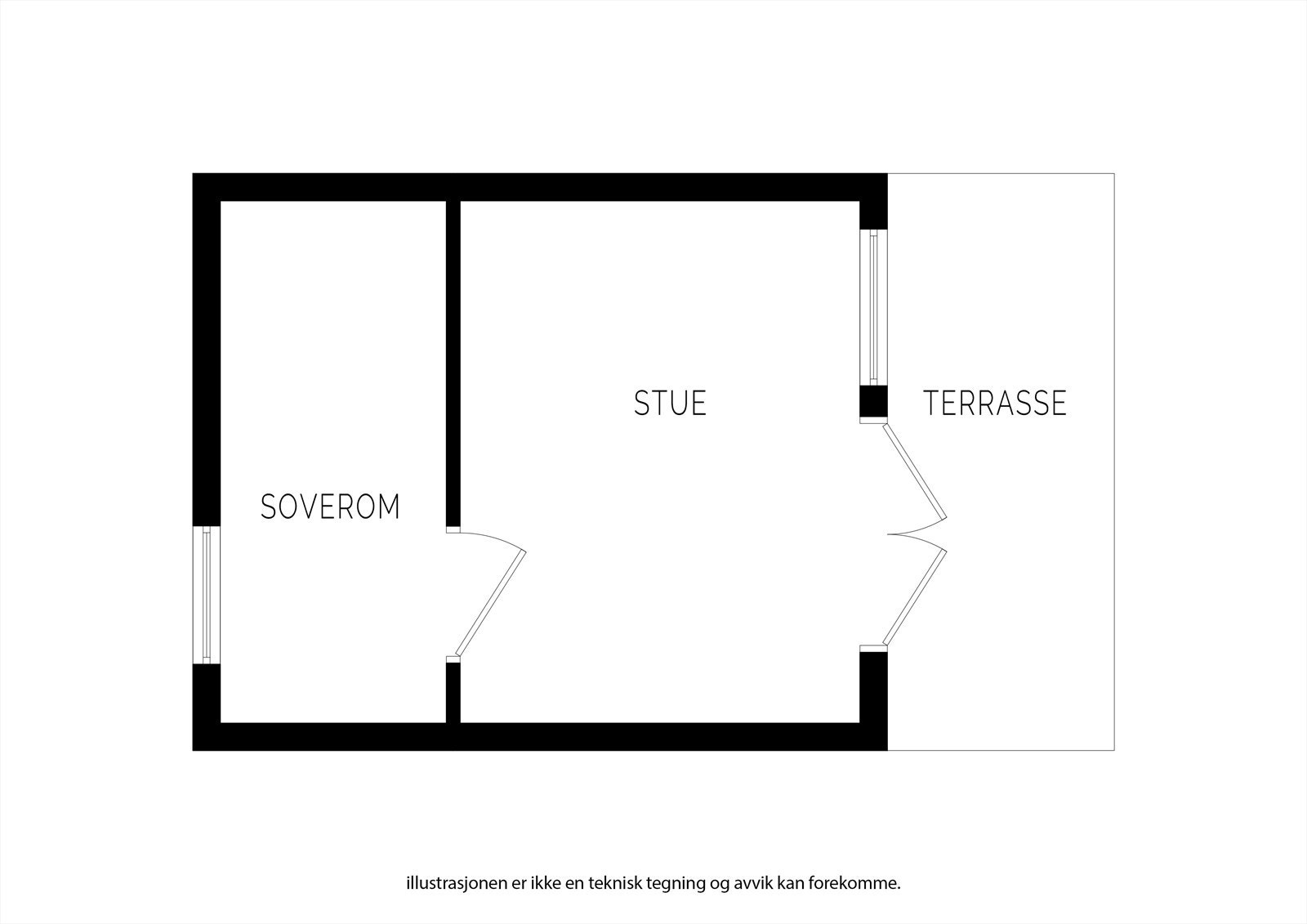 Planskisse av hytta. Merk at det er en liten bod på utsiden, som ikke viser på skissen nedenfor. Se bilder fra utsiden av hytta. Galleribilde