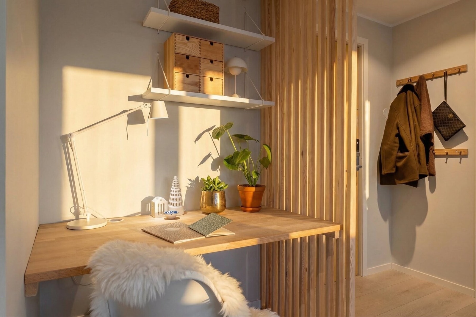 Entréen har også et plassbygd hjemmekontor, noe som gir ekstra fleksibilitet i hverdagen. Galleribilde