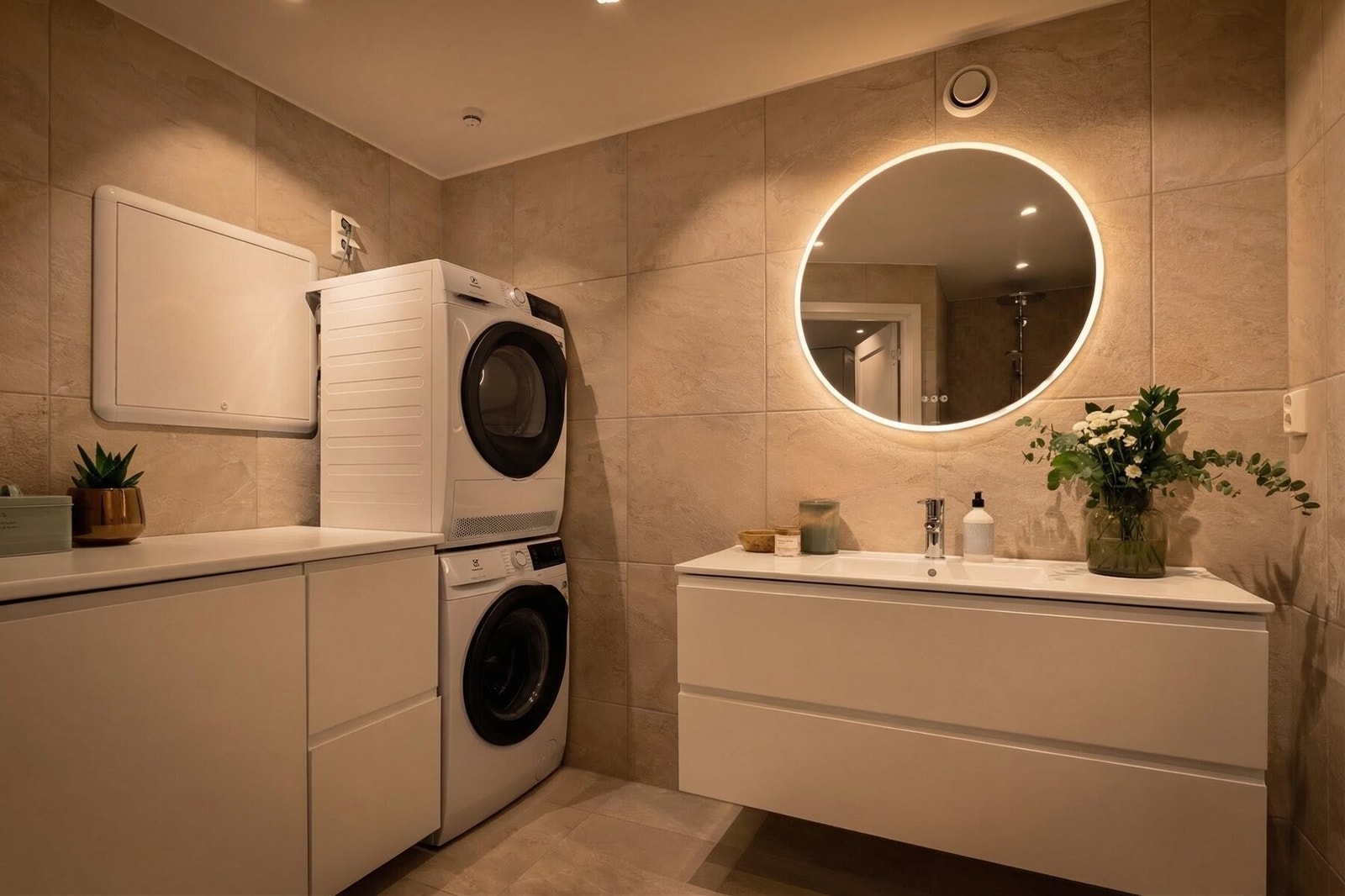 Badet fremstår som moderne og stilrent med flislagte vegger og gulv, samt malte plater i himlingen. Galleribilde