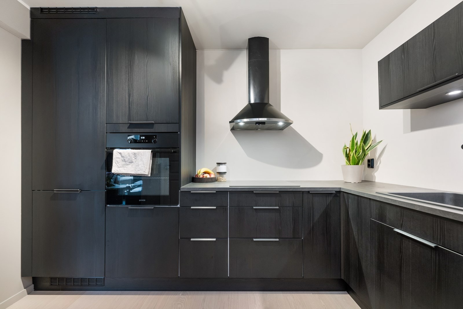 Integrerte hvitevarer induksjon platetopp, steikeovn, oppvaskmaskin og kombiskap (kjøl/frys). Galleribilde