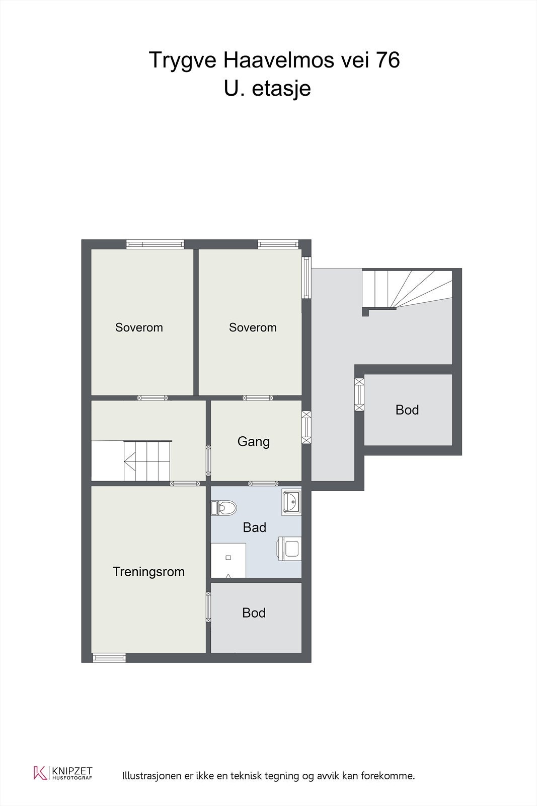 ALTERNATIV plantegning u.etg. Det er mulighet for å etablere to stk soverom i u.etg (stue/kjøkken i hybel) hvis ønskelig. Galleribilde