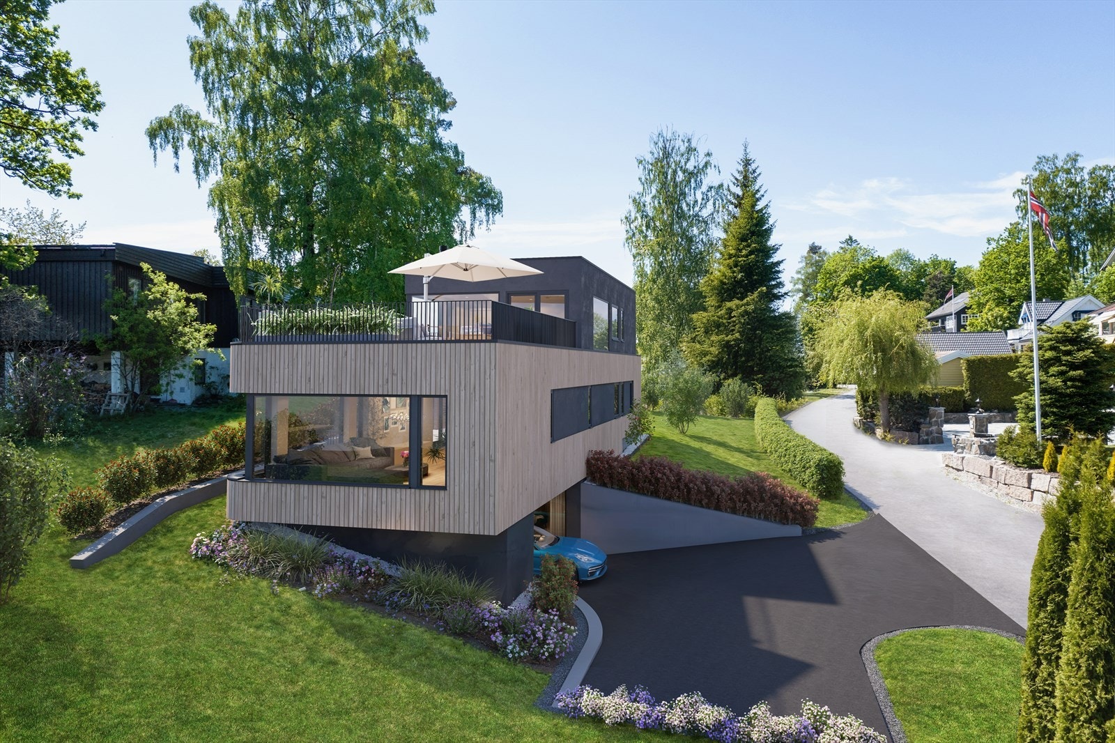 Velkommen til Hønsfaret 19, presentert av Jostein Sommervoll og Hege Jøldal i Nordvik Asker. Foto: Eiendomsfoto. Illustrasjon, avvik vil forekomme. Takterrassen må justeres ned til max 40% av byggets BYA, skisse viser opprinnelig løsning. Galleribilde