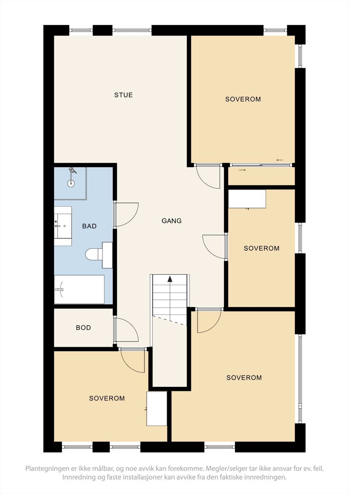 Andre etasje er en privat sone med fire soverom, en ekstra stue, bad og en praktisk innvendig bod. Galleribilde