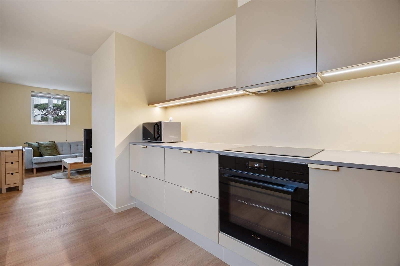 Svanekjøkken (2024) har glatte fronter, laminat benkeplate. Vannstoppsystem og komfyrvakt. Kjøkkenventilator med avtrekk ut. Galleribilde