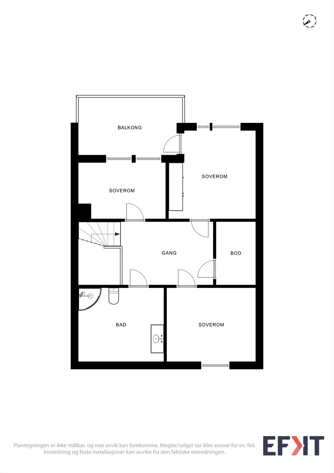 Andre etasje inneholder en romslig gang, tre soverom, bad og en praktisk innvendig bod. Galleribilde