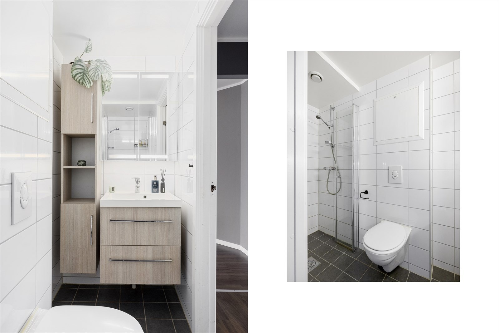 Badet med adkomst fra gang fremstår også lyst og moderne og er i likhet med det andre badet renovert i 2017. Galleribilde