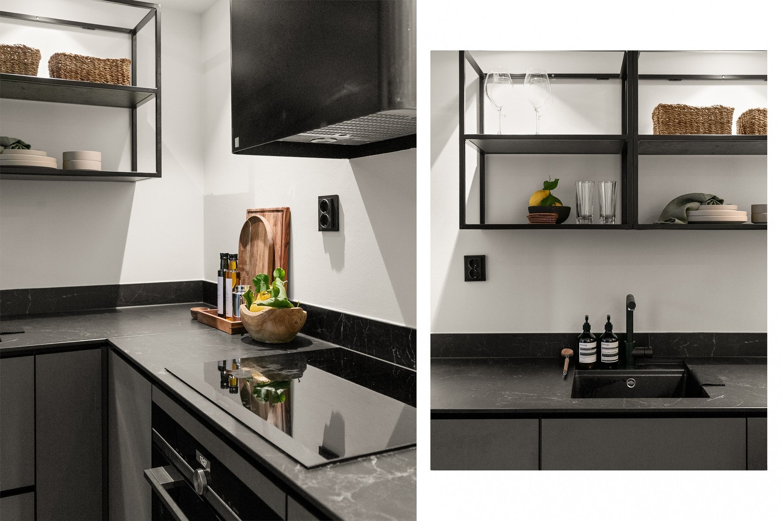 Innredningen er fra 2019 og har glatte fronter i en dyp grå tone. Benkeplaten er utført i slitesterk steinkompositt med oppkant mot bakveggen. Galleribilde