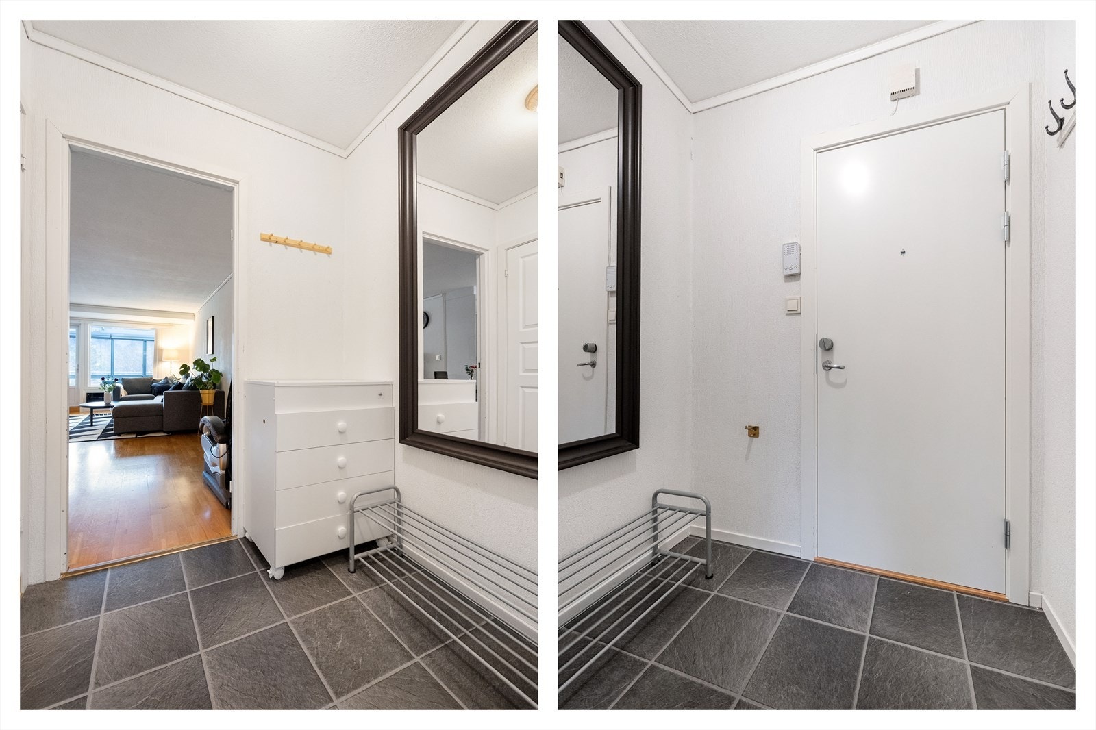 Entrè med lysmalte vegger og flismønstret belegg på gulv Galleribilde