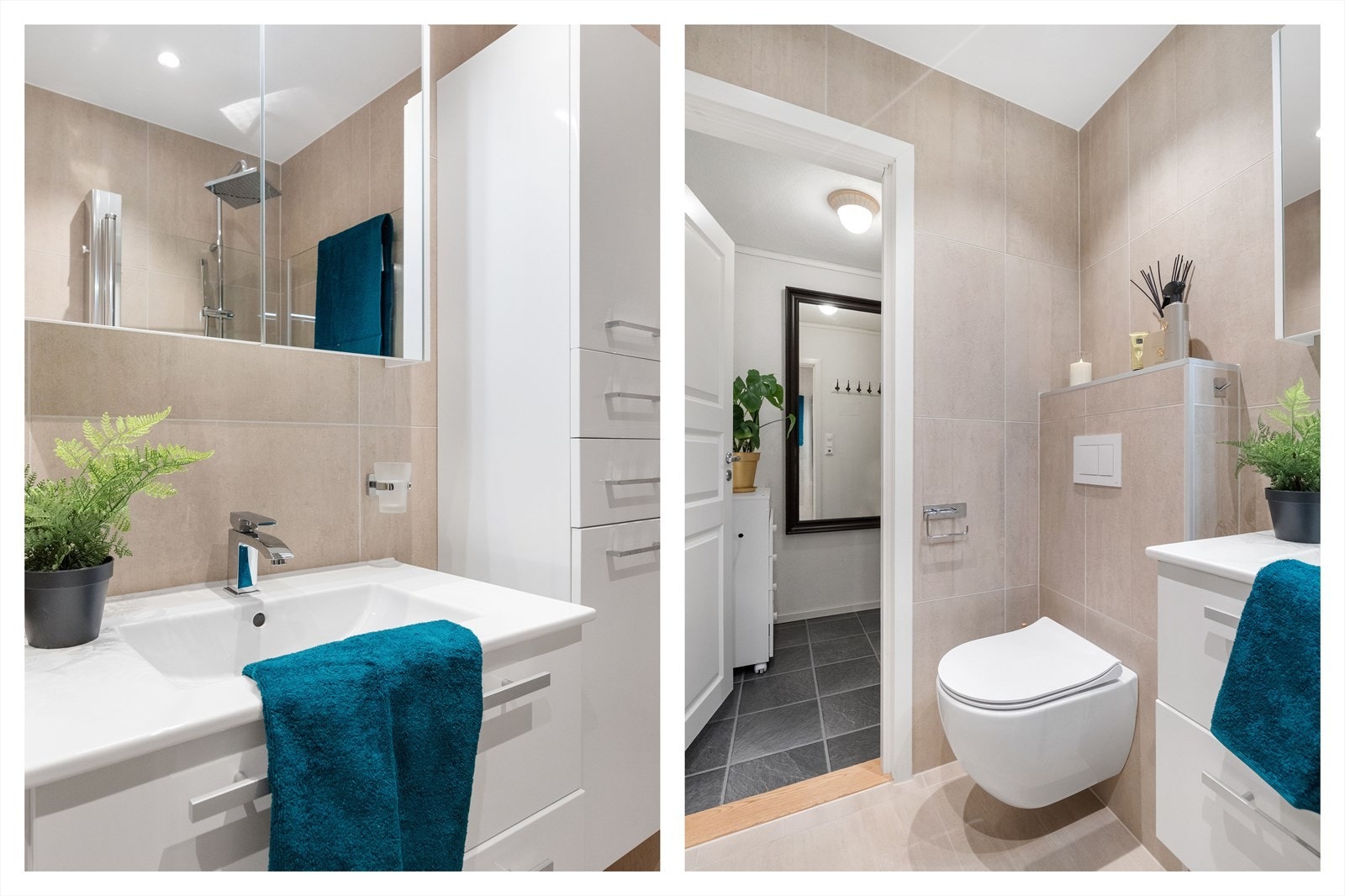 Lekre beige storformat fliser og med mosaikkfliser i den nedfelte dusjsonen. Galleribilde