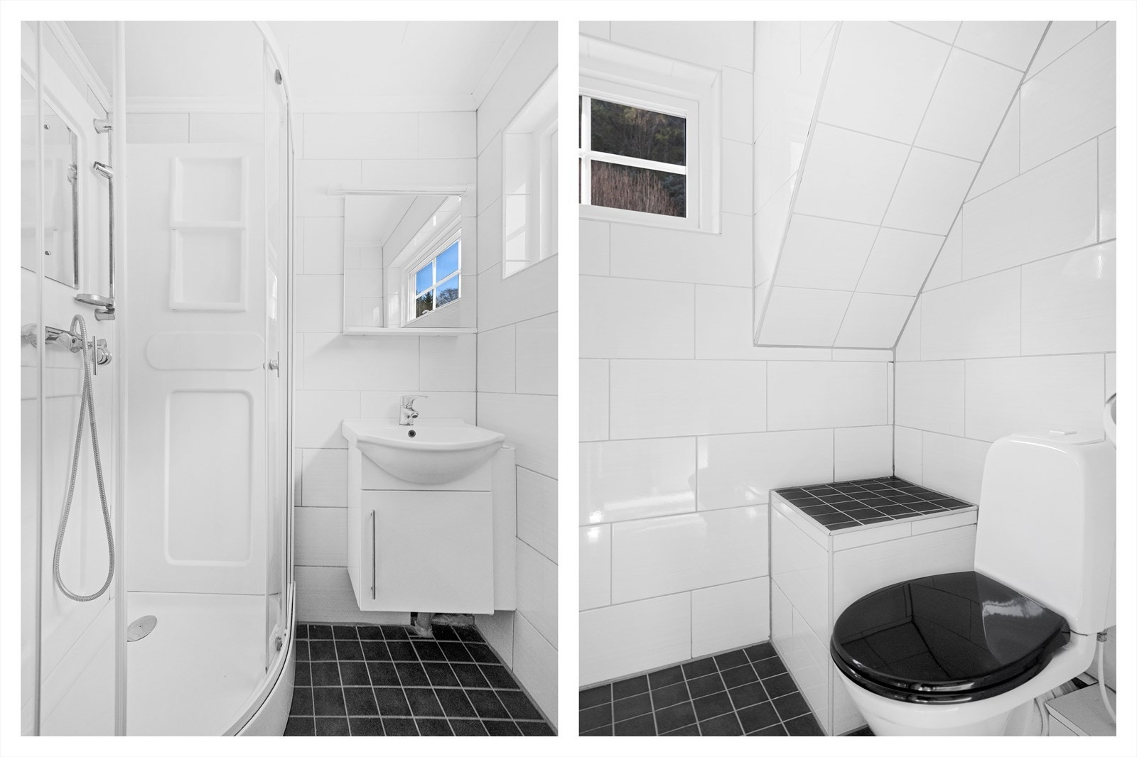 Vegg-i-vegg er det et mindre bad som er innredet med wc, dusjkabinett og servant med skap. Galleribilde