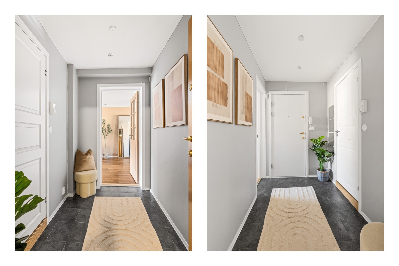 Du ønskes velkommen inn i en hyggelig entré med praktiske fliser i gulv, og pen downlightsbelysning i tak. Galleribilde