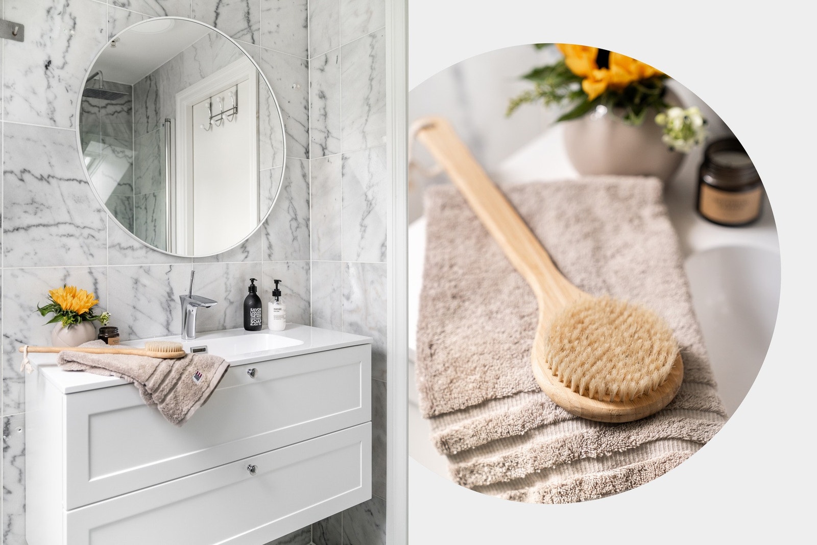 Badet er innredet med toalett, nytt baderomsmøbel med skuffer og overhengende speil, dusj med nye glassdører og blandebatteri, samt opplegg for vaskemaskin og tørketrommel i nisje. Galleribilde