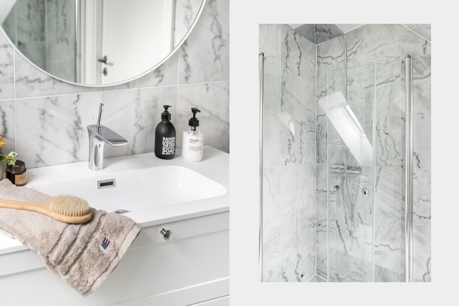 Det er helfliset med tidløse marmorfliser og varmekabler i gulv. Galleribilde