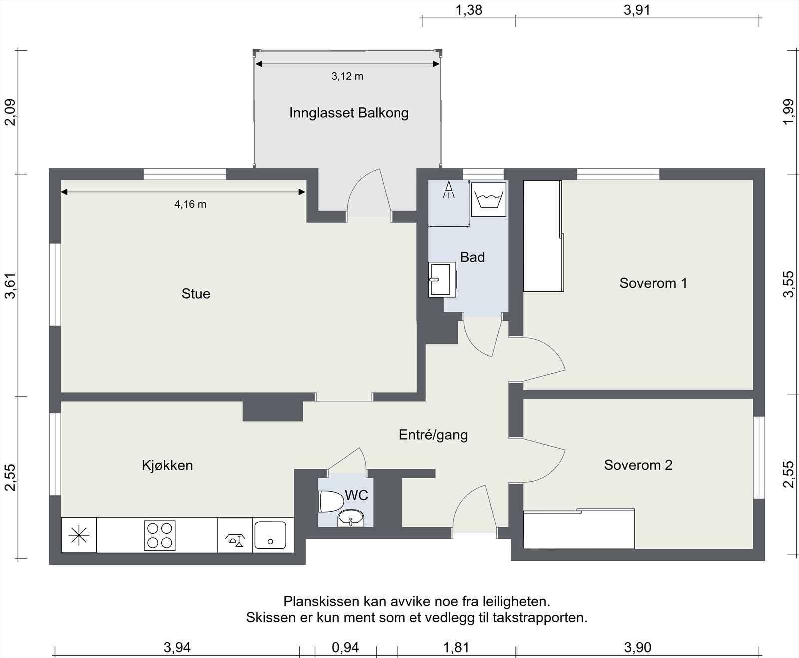 Leiligheten i 4. etasje har en arealeffektiv planløsning med to soverom, kjøkken, stue, bad og separat wc Galleribilde