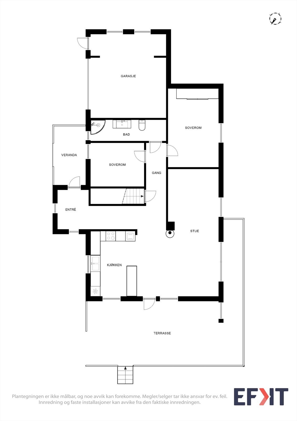 Første etasje har en sosial planløsning med åpen stue og kjøkken, to soverom og bad. Galleribilde