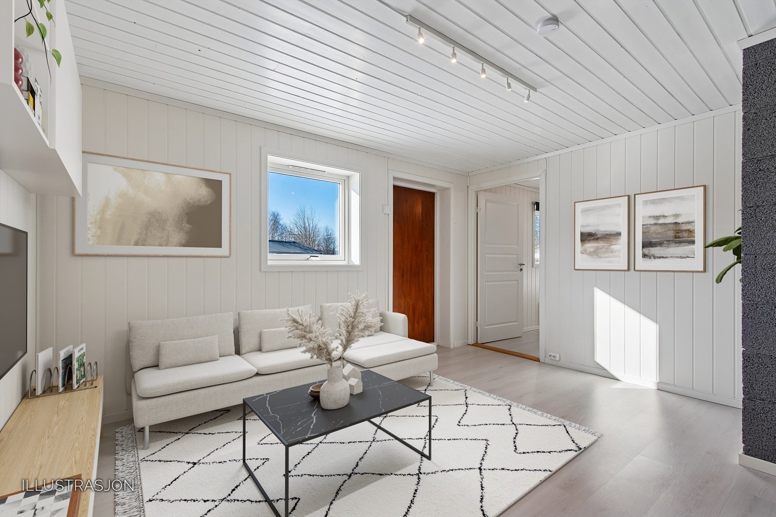 Stuen i underetasjen gir ekstra spillerom og fleksibilitet for familien. Bildet er digitalt møblert. Galleribilde