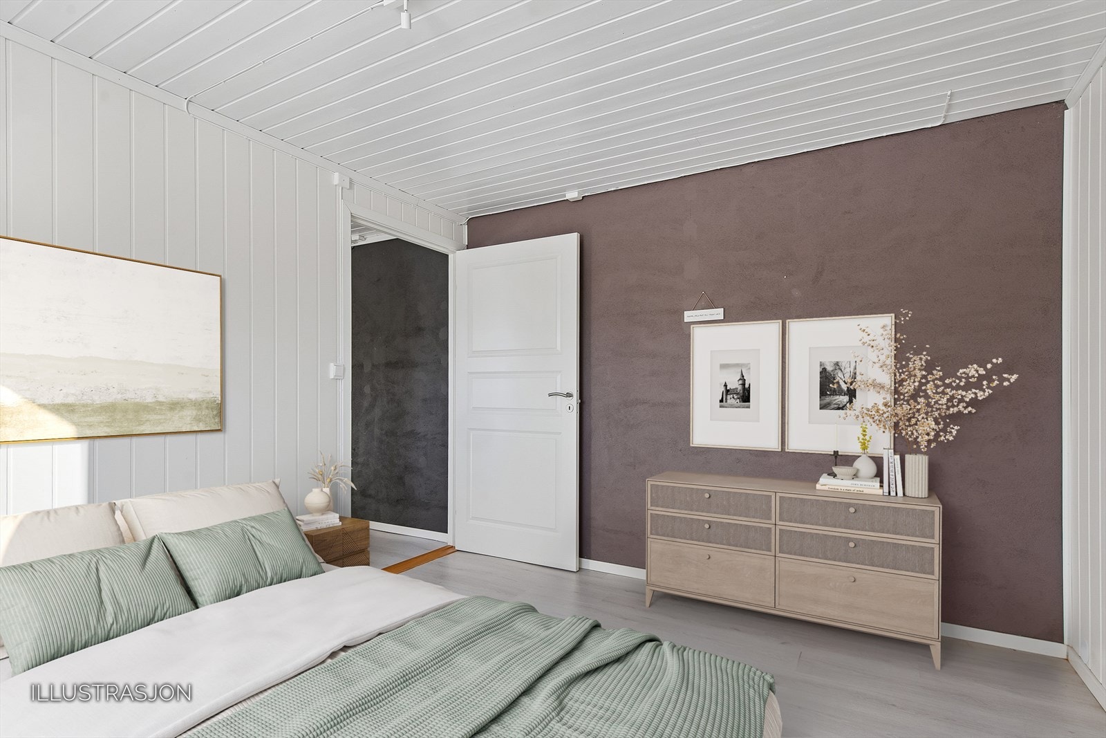 Her er det god plass til dobbeltseng og oppbevaringsmøbler. Bildet er digitalt møblert. Galleribilde