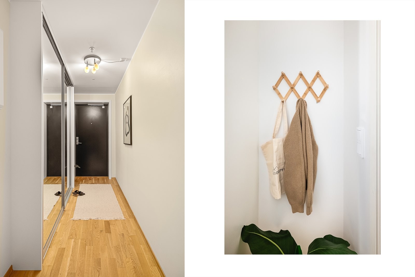 Velkommen inn! Romslig gang utstyrt med generøs garderobeløsning ønsker velkommen hjem. Dørtelefon med portåpner slipper gjestene enkelt inn. Galleribilde