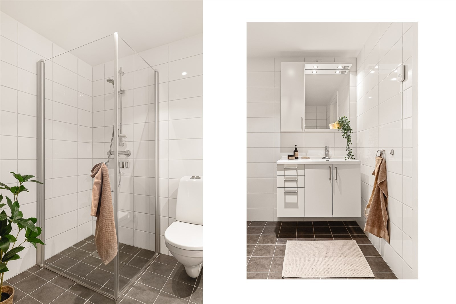 Badet er innredet med innfellbare, plassbesparende dusjvegger i glass og vegghengt toalett Galleribilde